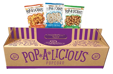 Three Pop-A-Licious popcorn bags on a purple and brown branded box.