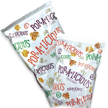 Two colorful Pop-A-Licious popcorn bags with varied fonts and popcorn images.