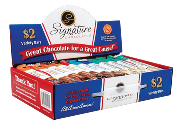 Box of $2 Signature Chocolates variety bars for fundraising.