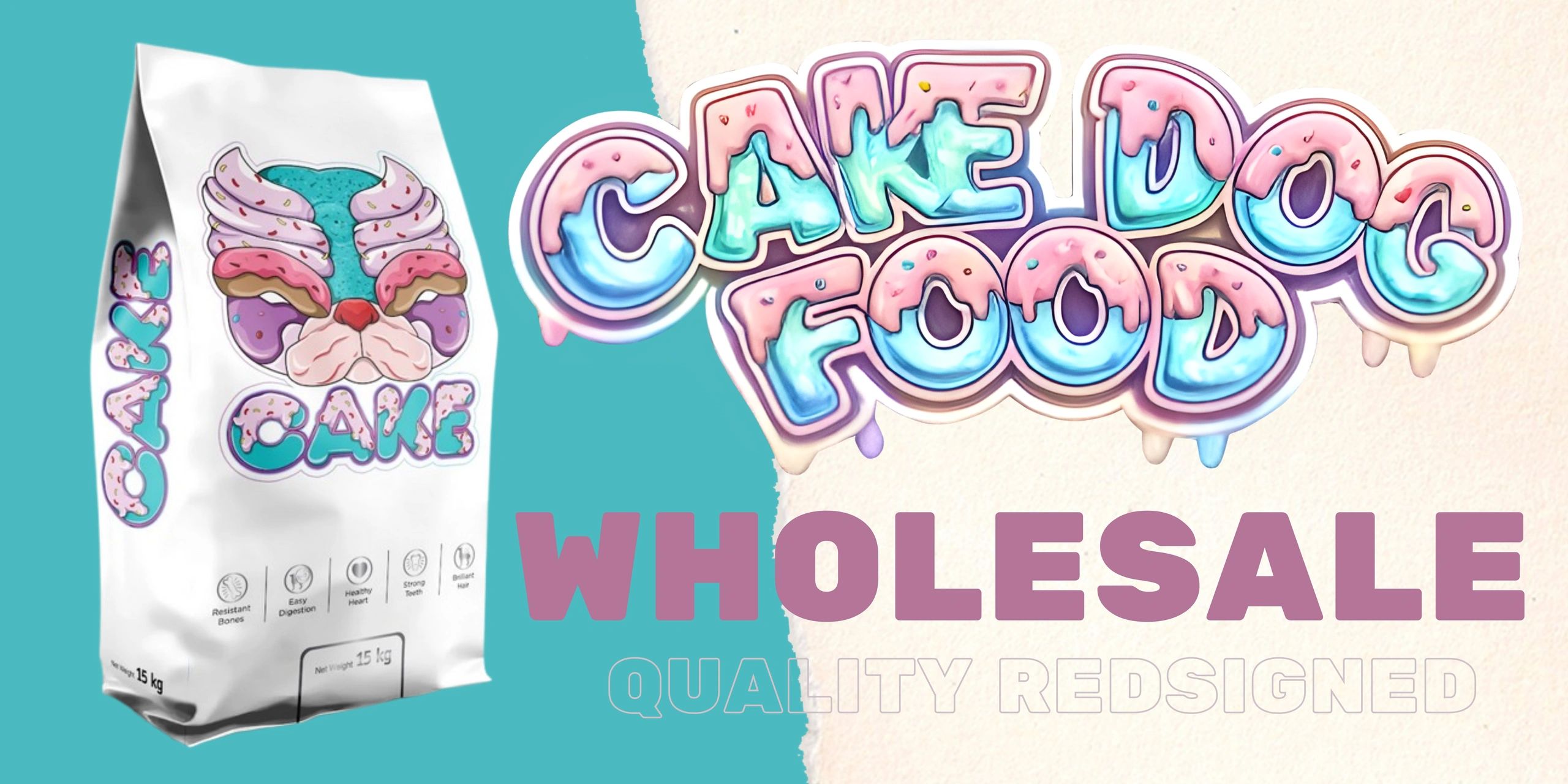 Colorful dog food packaging with "Cake Dog Food" branding and wholesale promotion.