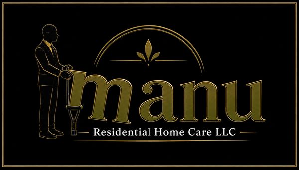 Elegant logo for Manu Residential Home Care LLC with gold and black design.