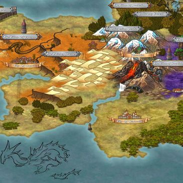 fantasy map depicting mountains, deserts and seas