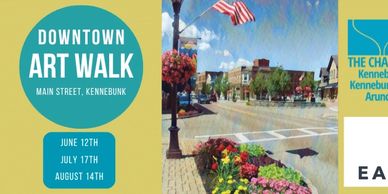 Poster advertising Downtown Art Walk events in Kennebunk on select summer dates.
