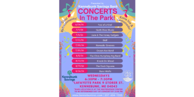 Concert series in Kennebunk park with weekly live music events from June to August.