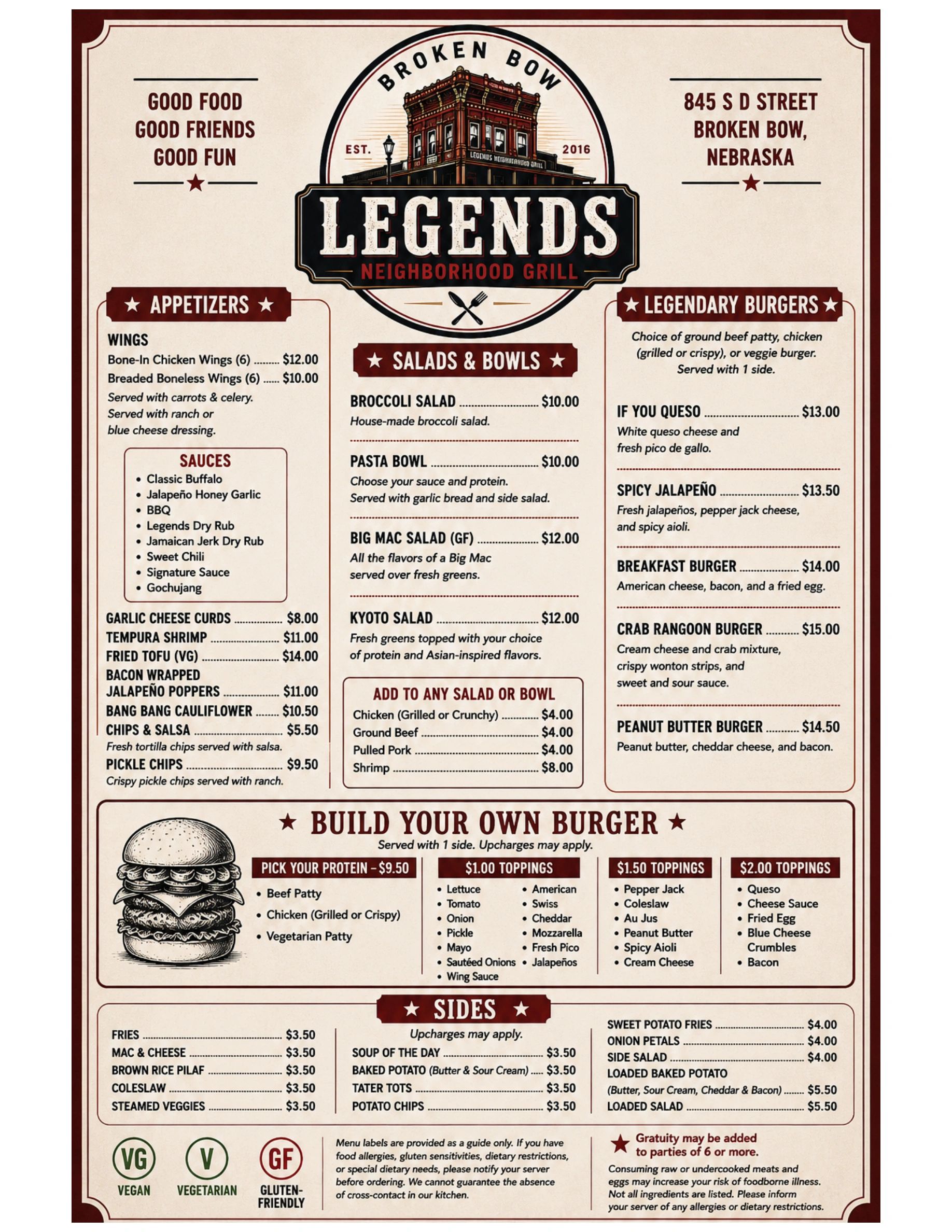 Menu from Legends Neighborhood Grill in Broken Bow, Nebraska featuring appetizers, salads, burgers, sides, and build-your-own options.