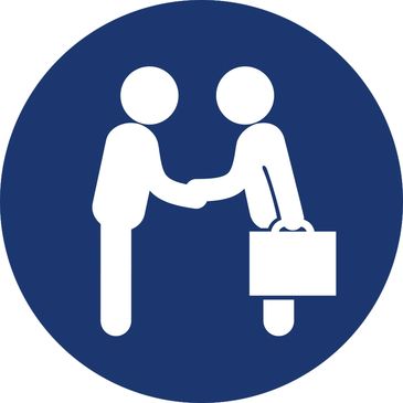 Icon of two figures shaking hands, one holding a briefcase, on a blue circular background.