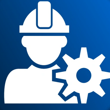 Icon of a construction worker with a gear symbol on a blue circular background.