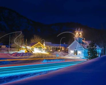 covered bridge, stark, snow, holiday lights