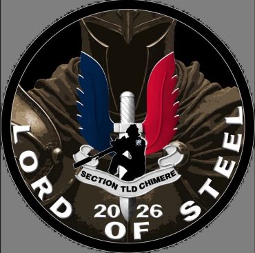 Emblem featuring a knight with sword and colorful wings.