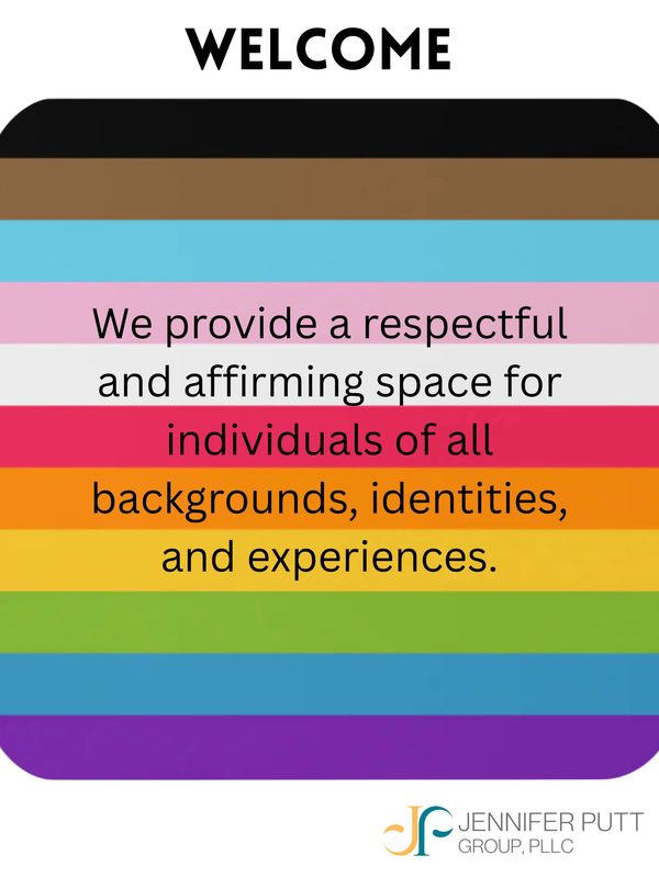 Pride flag with welcome .... respectful and affirming space for individuals.