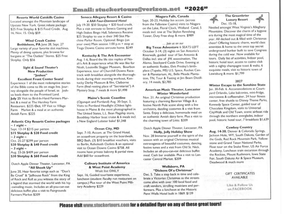 Tour flyer listing various travel packages and events for 2026.