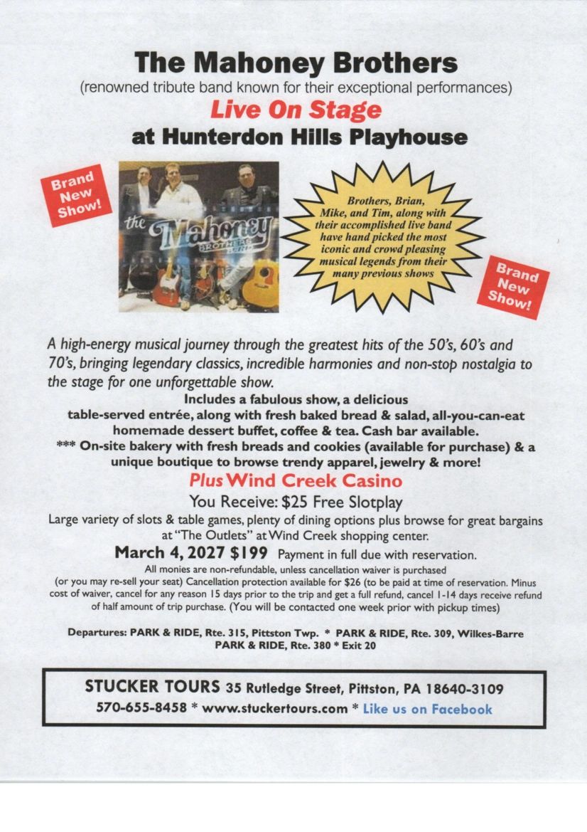 The Mahoney Brothers live show at Hunterdon Hills Playhouse on March 4, 2027.