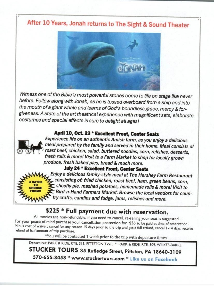 Advertisement for theatrical show 'Jonah' at Sight &amp; Sound Theater with Amish farm experience.