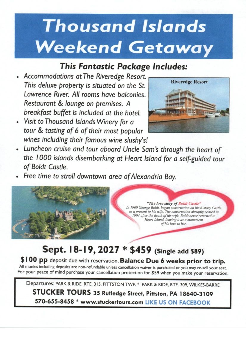 Advertisement for Thousand Islands weekend getaway package with resort stay, winery tour, cruise, and castle visit.