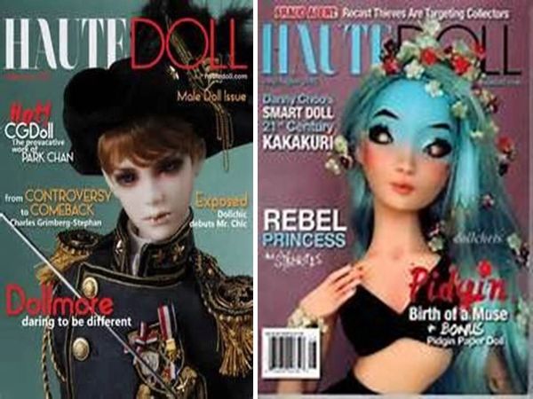 Two Haute Doll magazine covers featuring uniquely styled dolls.