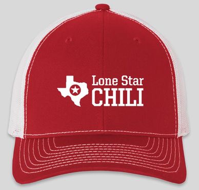 Red and white cap with Lone Star Chili logo.