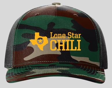 Camo baseball cap with Lone Star Chili logo.