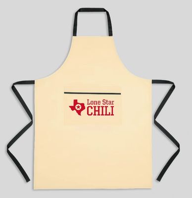 Beige apron with 'Lone Star Chili' logo and black straps.