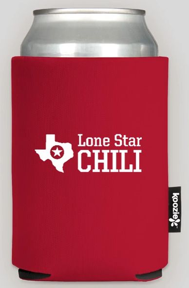 Red can cooler with Lone Star Chili logo.