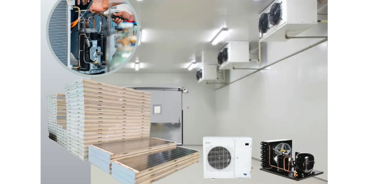 Large commercial walk-in cooler with insulated panels and refrigeration units.
