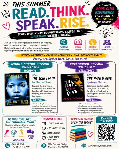 Summer book club for middle and high school students focusing on reading, thinking, speaking, and rising.
