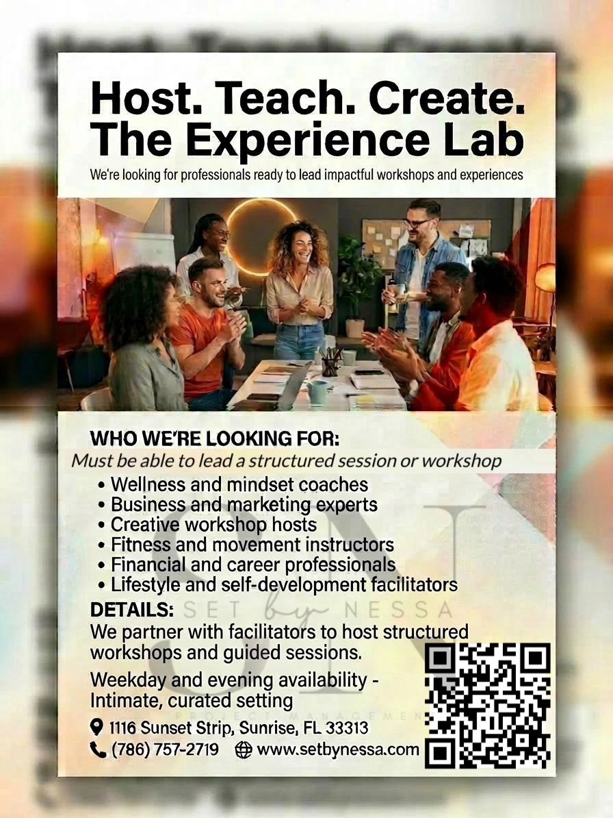A call for professionals to lead workshops at The Experience Lab, featuring a diverse group collaborating.