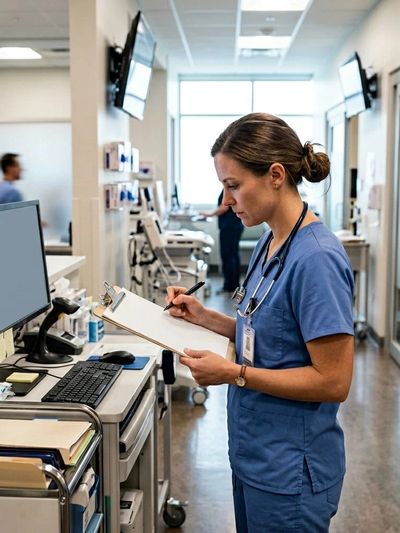 Nurse in blue scrubs writing on a clipboard in a hospital.