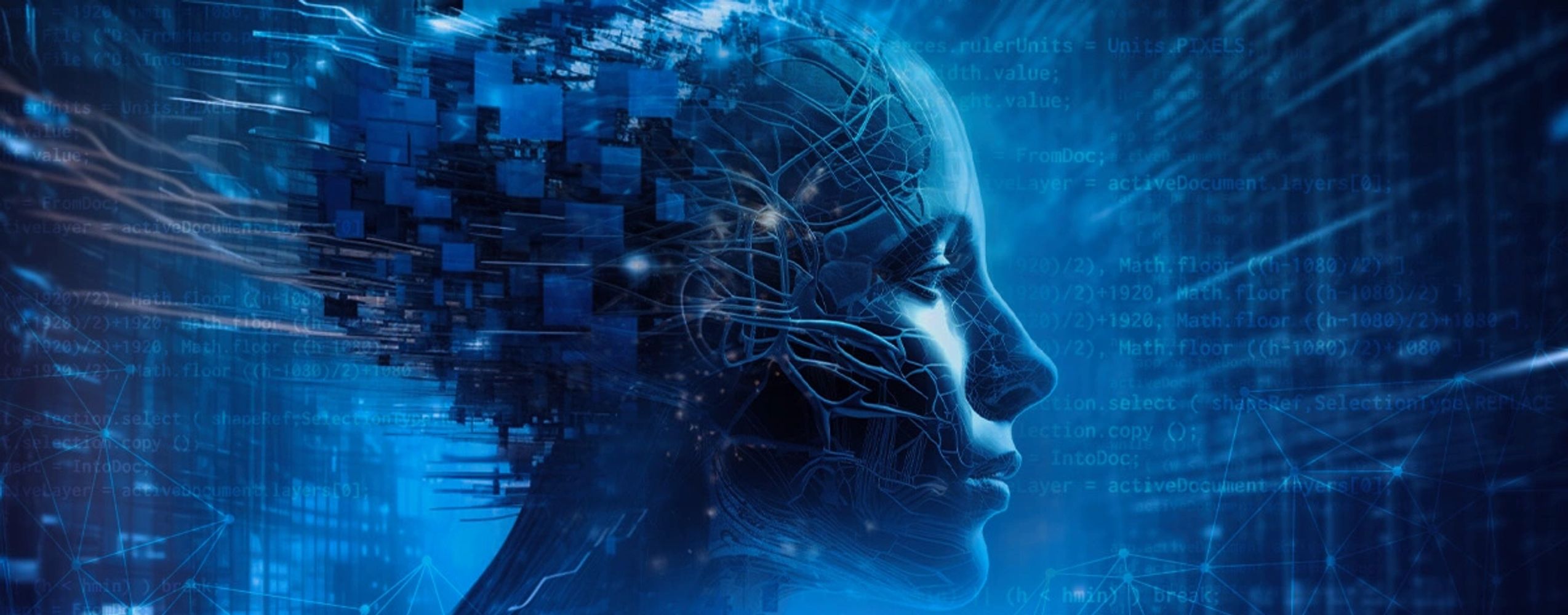 Digital human head with intricate network patterns in blue.