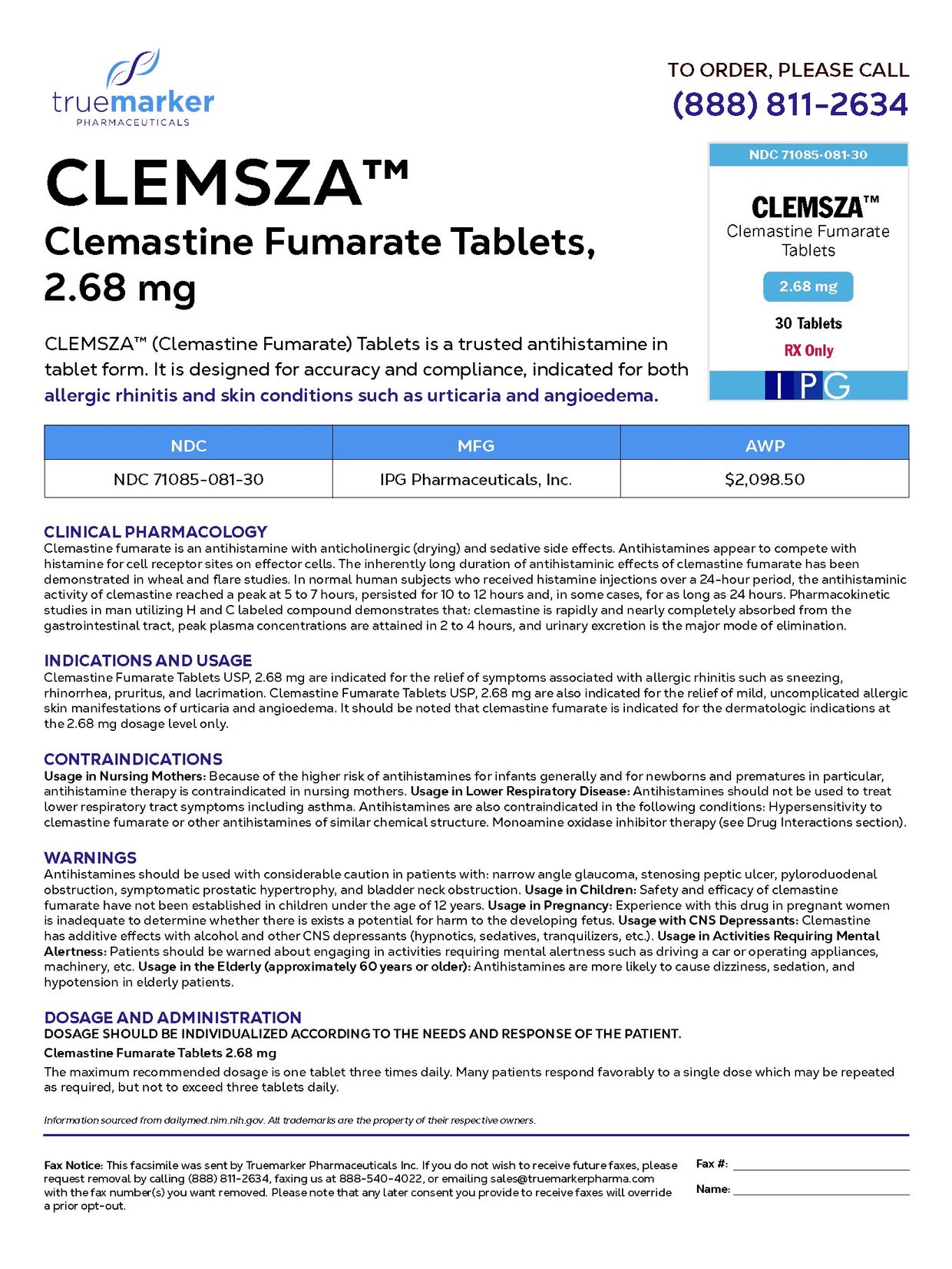 CLEMSZA™ Clemastine Fumarate Tablets 2.68 mg – product information, dosage, and ordering details.
