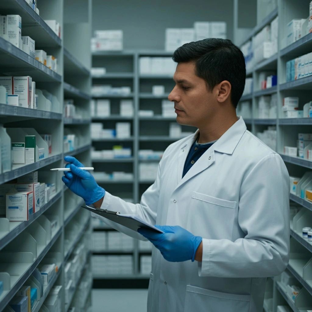 Pharmacist in white coat organizing medicine on shelves.