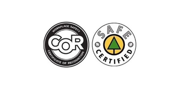 Two safety certification logos: COR and SAFE Certified.