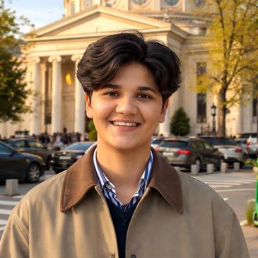A young person smiling outdoors with a historic building in the background.