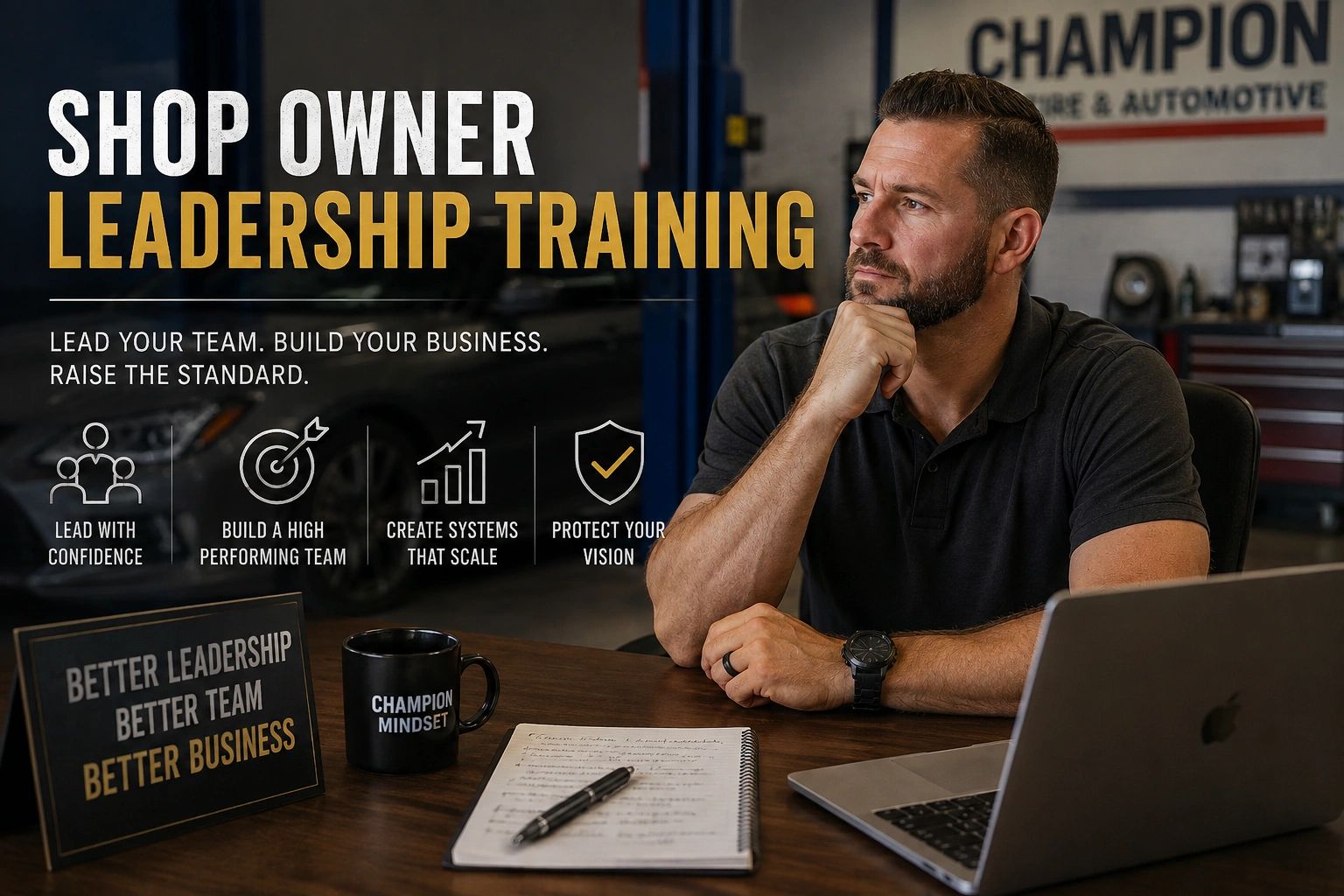 Man thinking during shop owner leadership training.