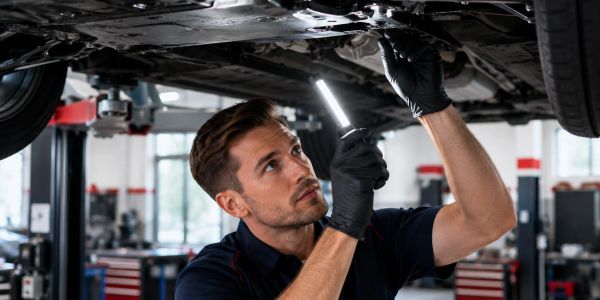 Mechanic inspecting vehicle undercarriage with light.