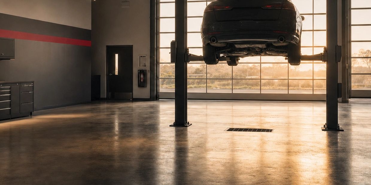 Car lifted on hydraulic lift in a spacious garage.