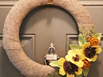 handmade felt floral flower front door wreath with burlap