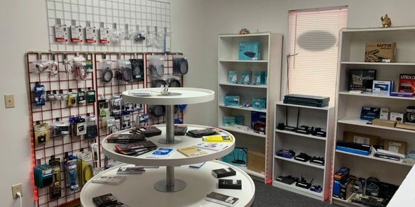 Retail area, phone and computer parts on sale
