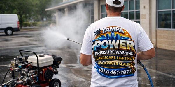Man pressure washing a pavement wearing a Tampa Power branded shirt.