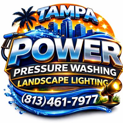 Vibrant logo for Tampa Power Pressure Washing and Landscape Lighting with contact number.