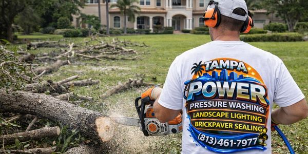 Worker with chainsaw cutting tree branches in front of a large house.