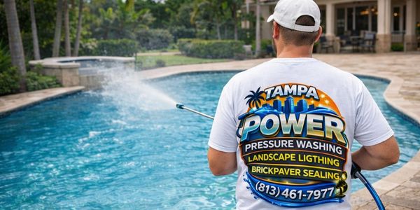 Man pressure washing near a pool wearing a Tampa Power shirt.