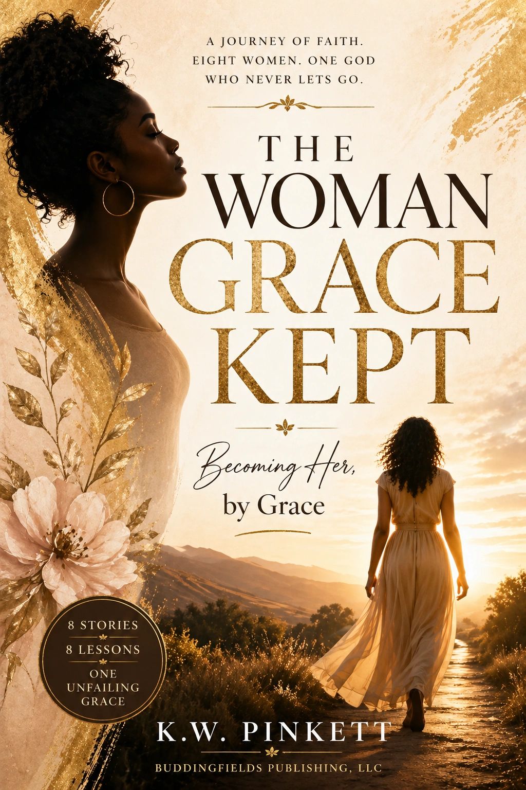 Book cover featuring a woman and a sunset with the title The Woman Grace Kept.