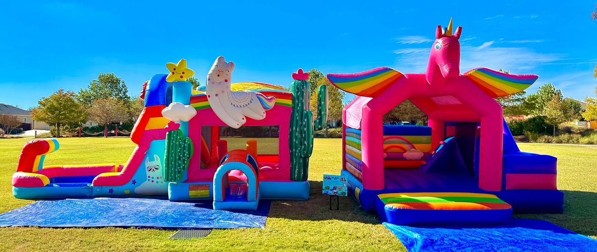 Llama Del Rey bounce house and Big pink Baddie inflatable pink unicorn bounce house