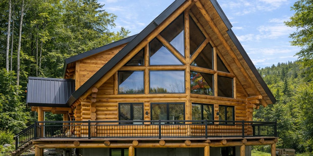 A beautiful wooden log cabin with large windows in a forest setting.