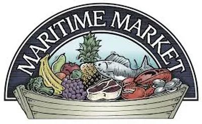 Logo of Maritime Market featuring fresh seafood and produce in a boat.