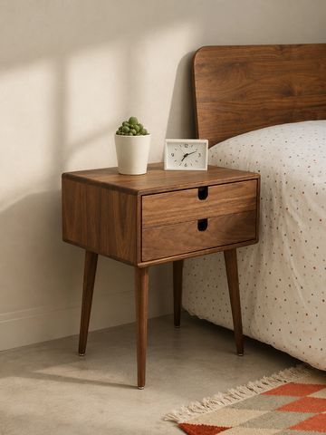 Elegant walnut bedside table with sleek mid-century legs and dual drawers, designed to bring refined