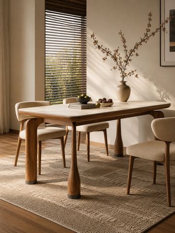 A statement of quiet elegance, this handcrafted dining table blends sculptural legs with warm wood t