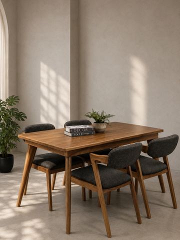 Modern solid-wood dining set with sculpted legs and upholstered chairs, designed to bring warm minim