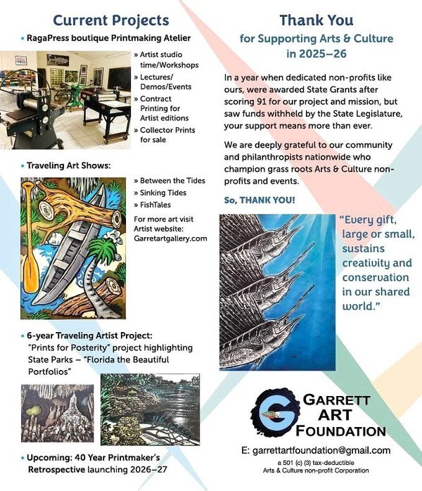 Garrett Art Foundation projects and thank you note for 2025-26 support.