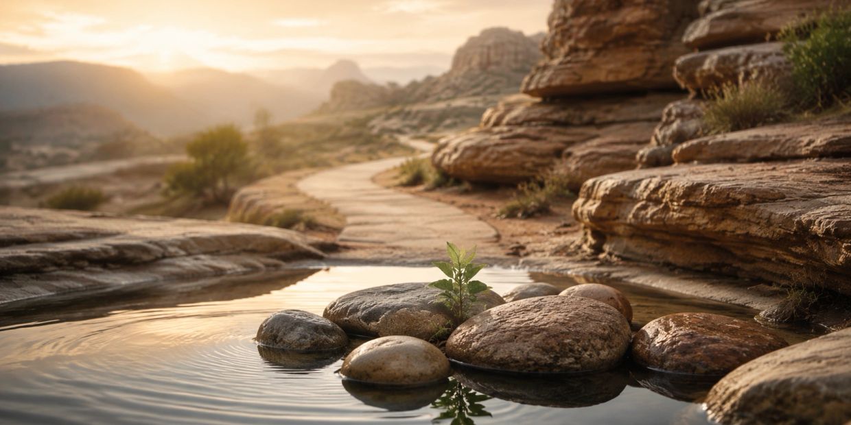 Stones and a small plant in a water pool on a rocky path during sunset.